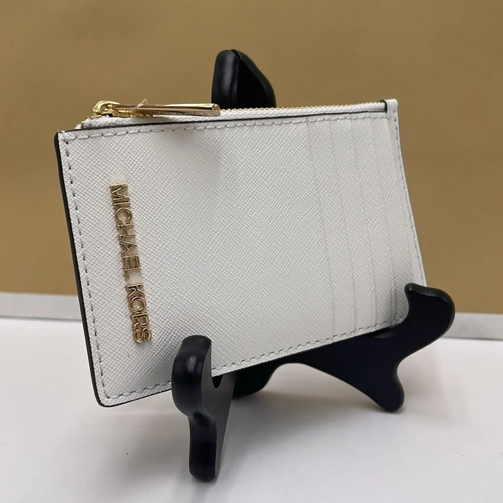 Michael Kors Jet Set Travel Medium Leather Zip Around Card Case Optic White NWT